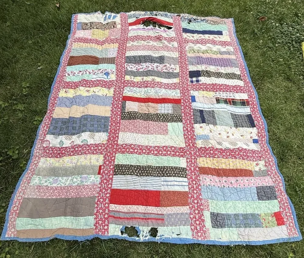 Antique Vtg 1920’s CRAZY QUILT Multi-Color Feed Sack Cowboys 78” **Needs Repair